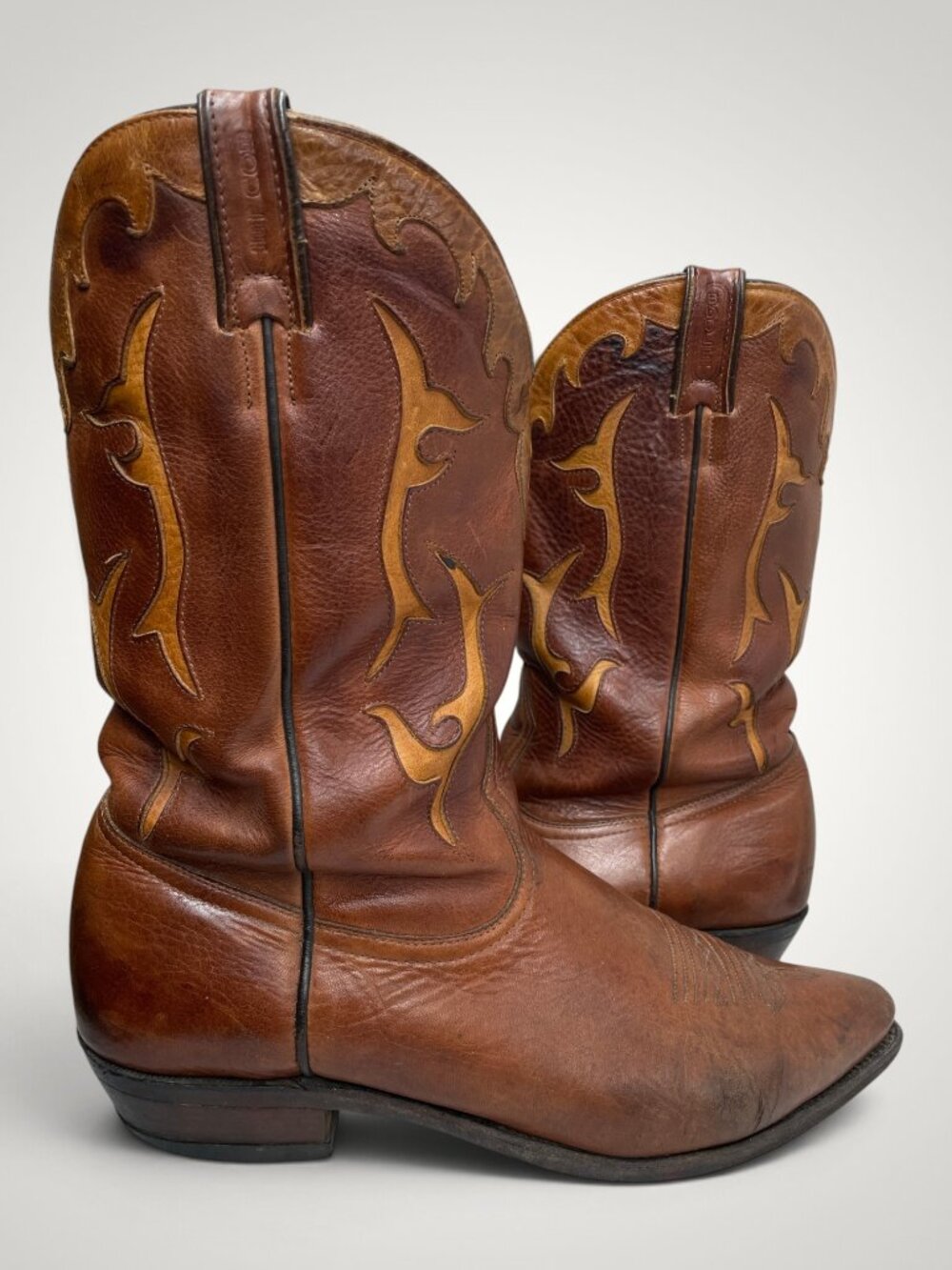 BOULET Vintage Two Tone Inlay Brown Leather Western Cowboy Boots Men's 11 EE